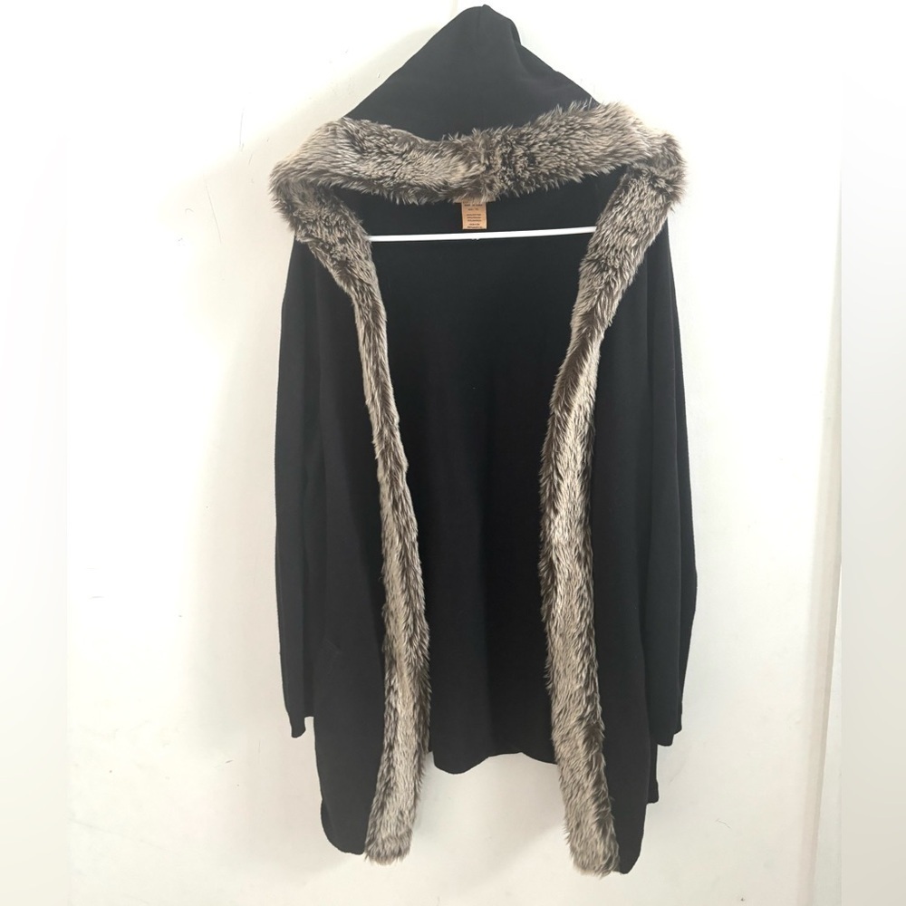 Penny Lane Cardigan Sweater Black XL Faux Fur Trim Hooded Cloak Boho Gothic